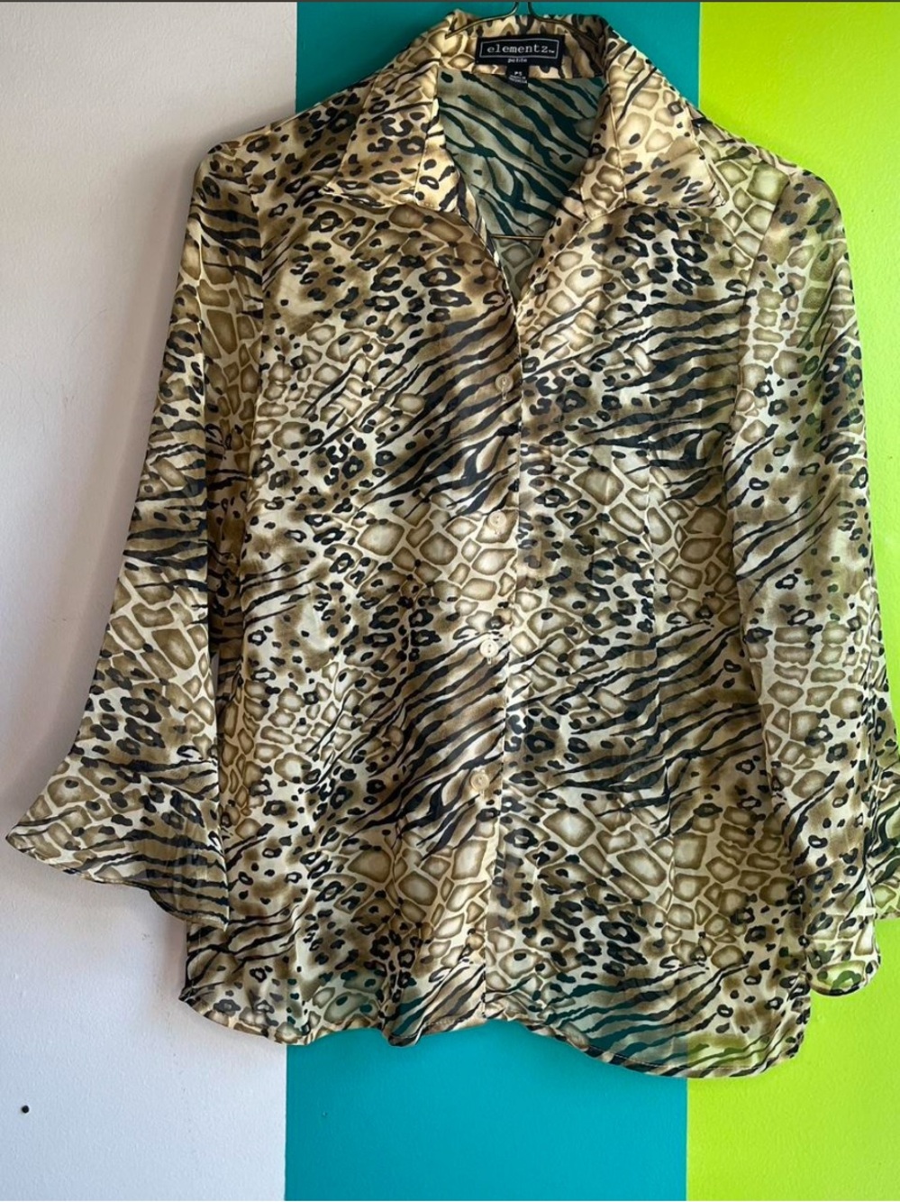 Elementz Y2K Animal Print Button down Blouse 3/4 sleeve